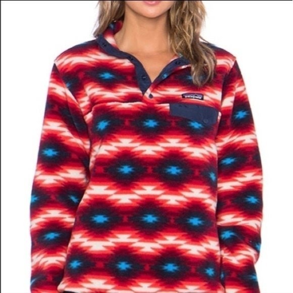 Patagonia Sweaters - Patagonia Synchilla Red Wild Desert Snap T Fleece Jacket Sz Large HTF Geometric